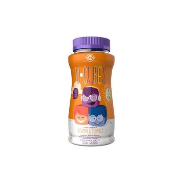 The Solgar U-Cubes Children's Vitamin C gummies, available in a bottle with a purple cap and colorful cartoon faces, provide immune system support in delicious strawberry and orange flavors.